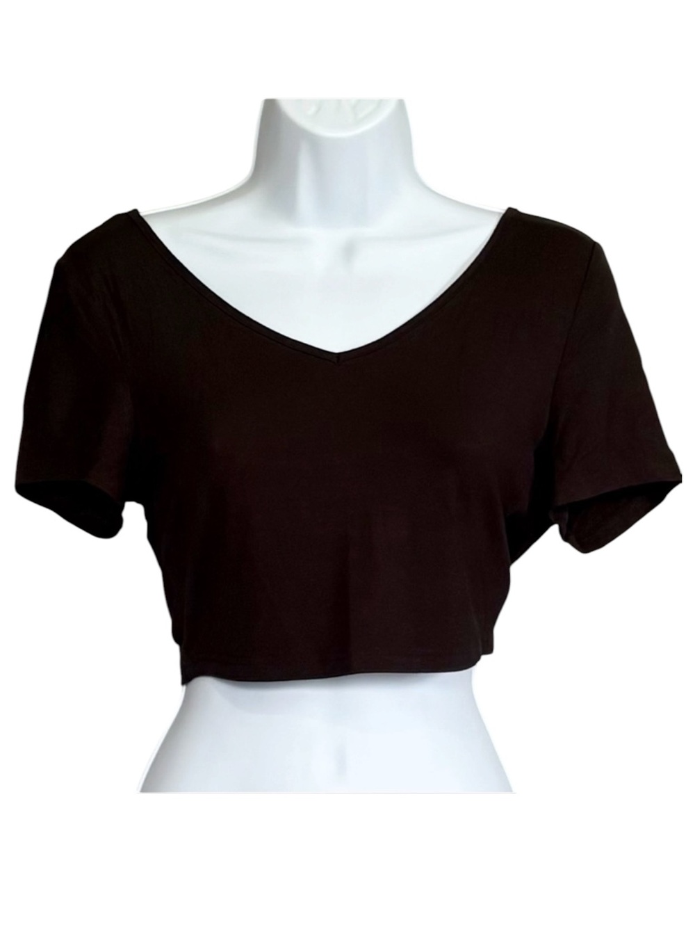 Black Crop Top Open Tie Back Lace Trim V Neck Short Sleeve Medium